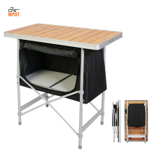 NPOT Bamboo Top Fold Up Collapsible Camping Table With Storage Bag Portable Camp Cabinet